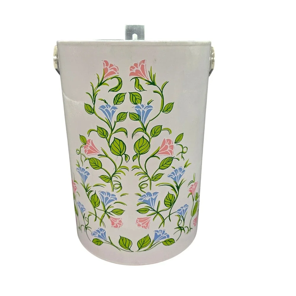 Vintage‎ 1960s Ice Bucket White Enamel Floral Lucite Handle MCM Barware